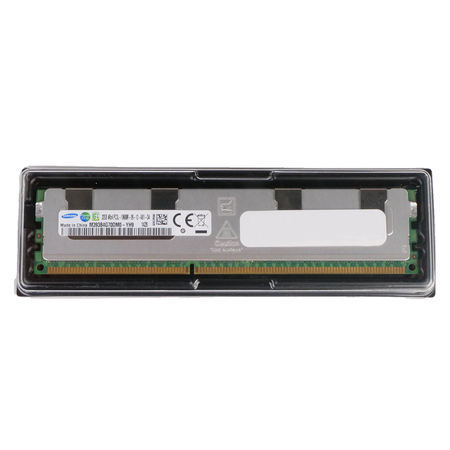 Samsung server RAM module with heat spreader in clear plastic packaging.