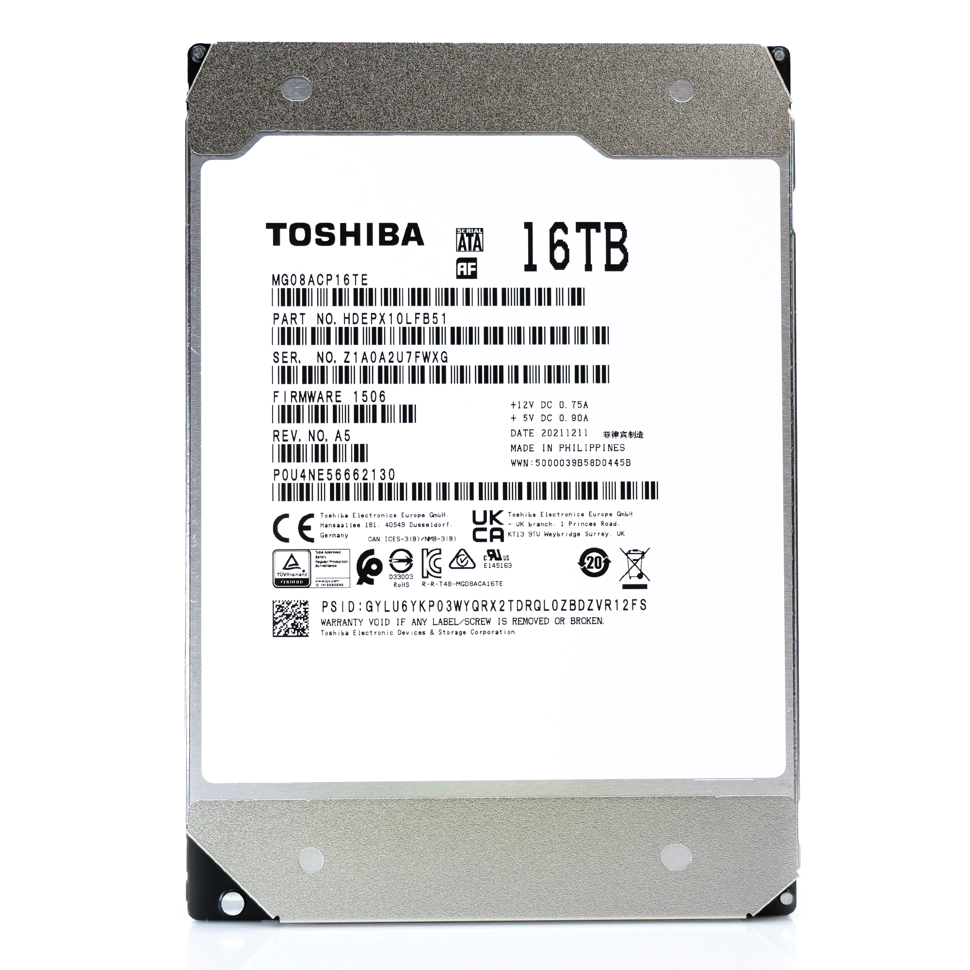 Toshiba MG08 MG08ACP16TE 16TB 7.2K RPM SATA 6Gb/s 512e Enterprise Capacity 3.5in Hard Drive front flat image.