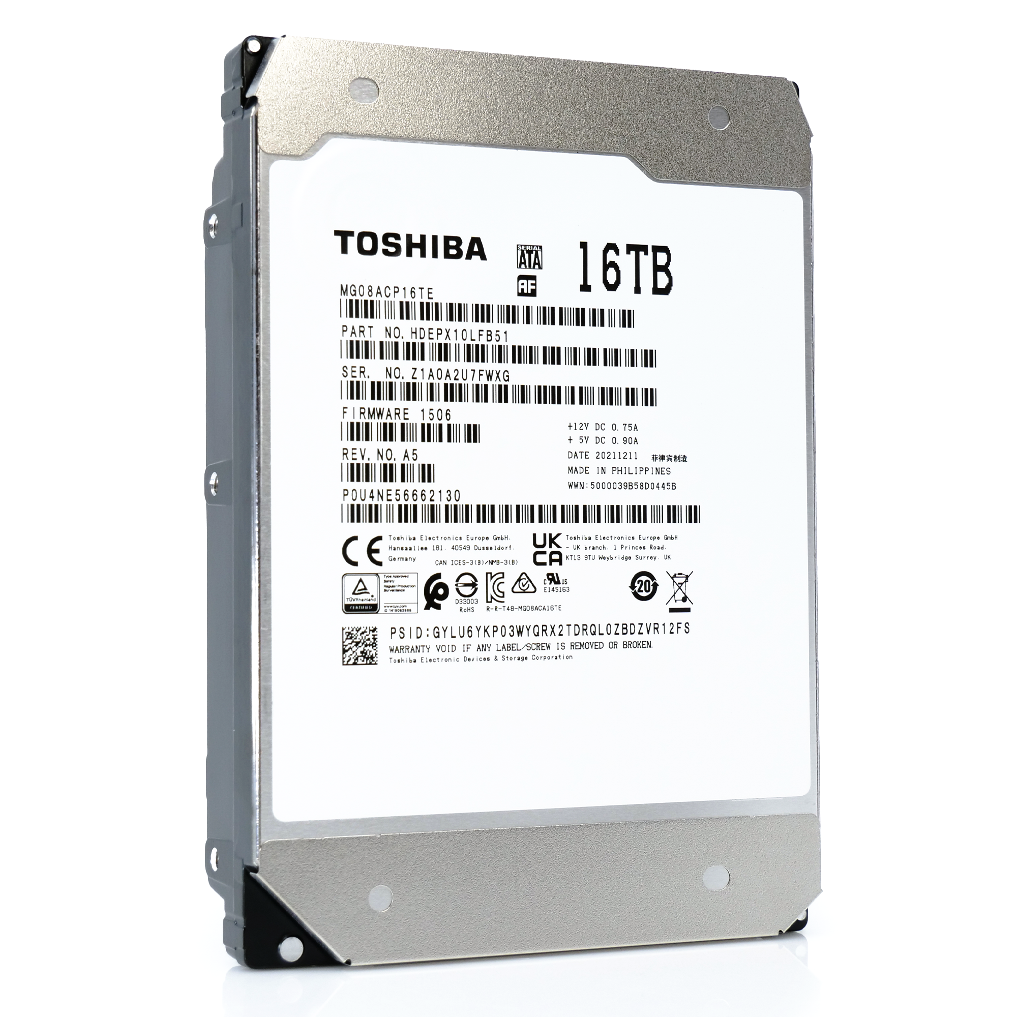 Toshiba MG08 MG08ACP16TE 16TB 7.2K RPM SATA 6Gb/s 512e Enterprise Capacity 3.5in Hard Drive front angle.