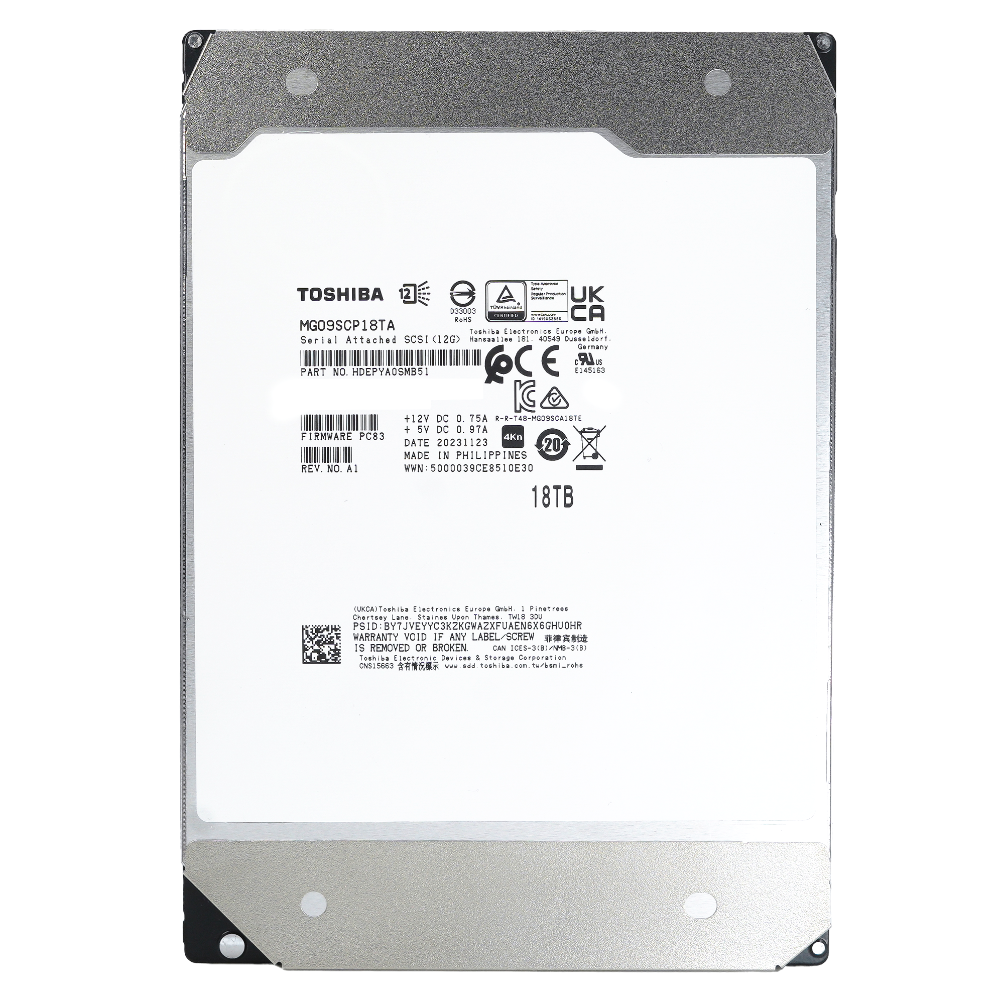 Toshiba MG09 MG09SCP18TA HDEPYA0SMB51 18TB 7.2K RPM SAS 12Gb/s 4Kn SED 3.5in Hard Drive front flat.