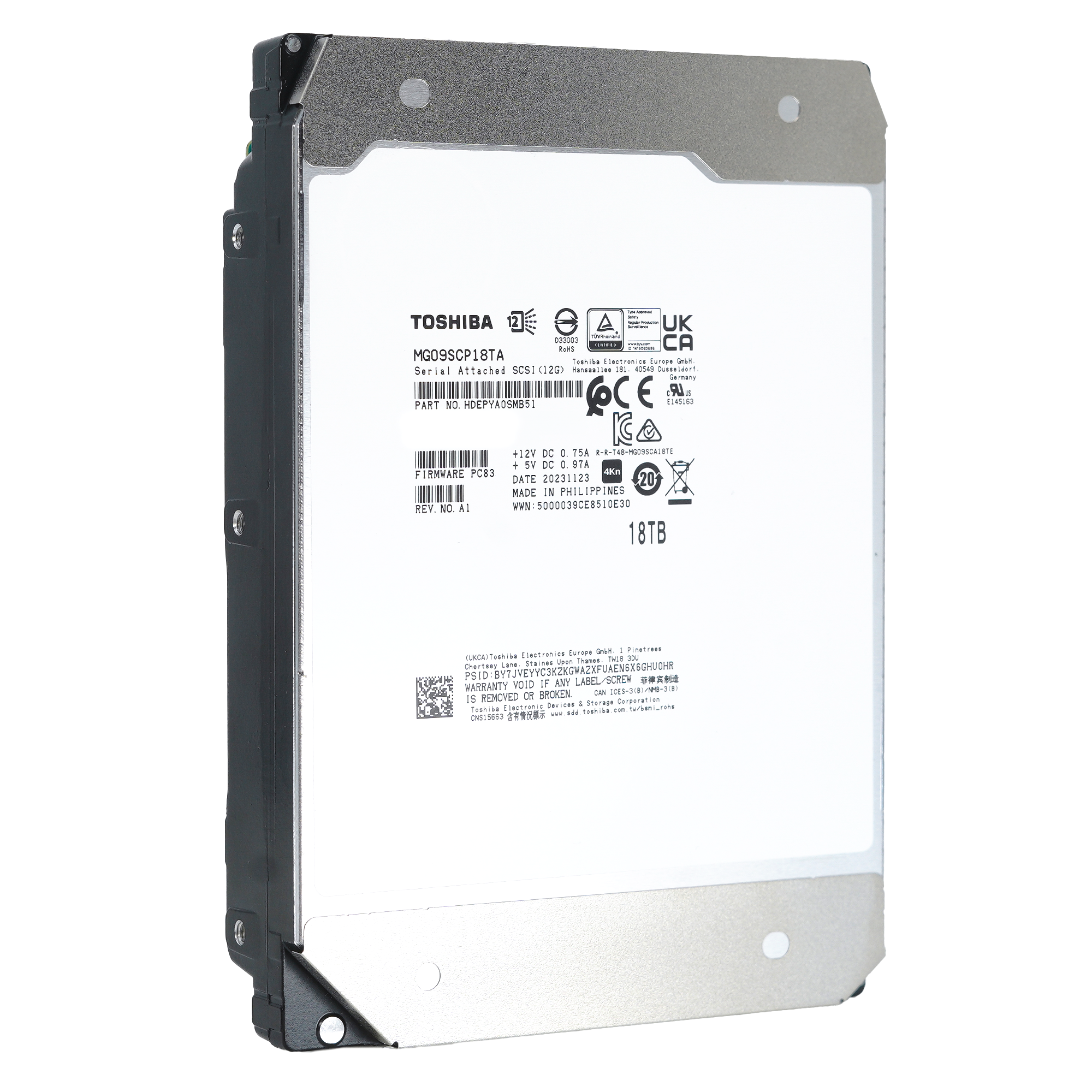 Toshiba MG09 MG09SCP18TA HDEPYA0SMB51 18TB 7.2K RPM SAS 12Gb/s 4Kn SED 3.5in Hard Drive front angle.