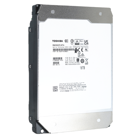Toshiba MG09 MG09SCP18TA HDEPYA0SMB51 18TB 7.2K RPM SAS 12Gb/s 4Kn SED 3.5in Hard Drive front angle.