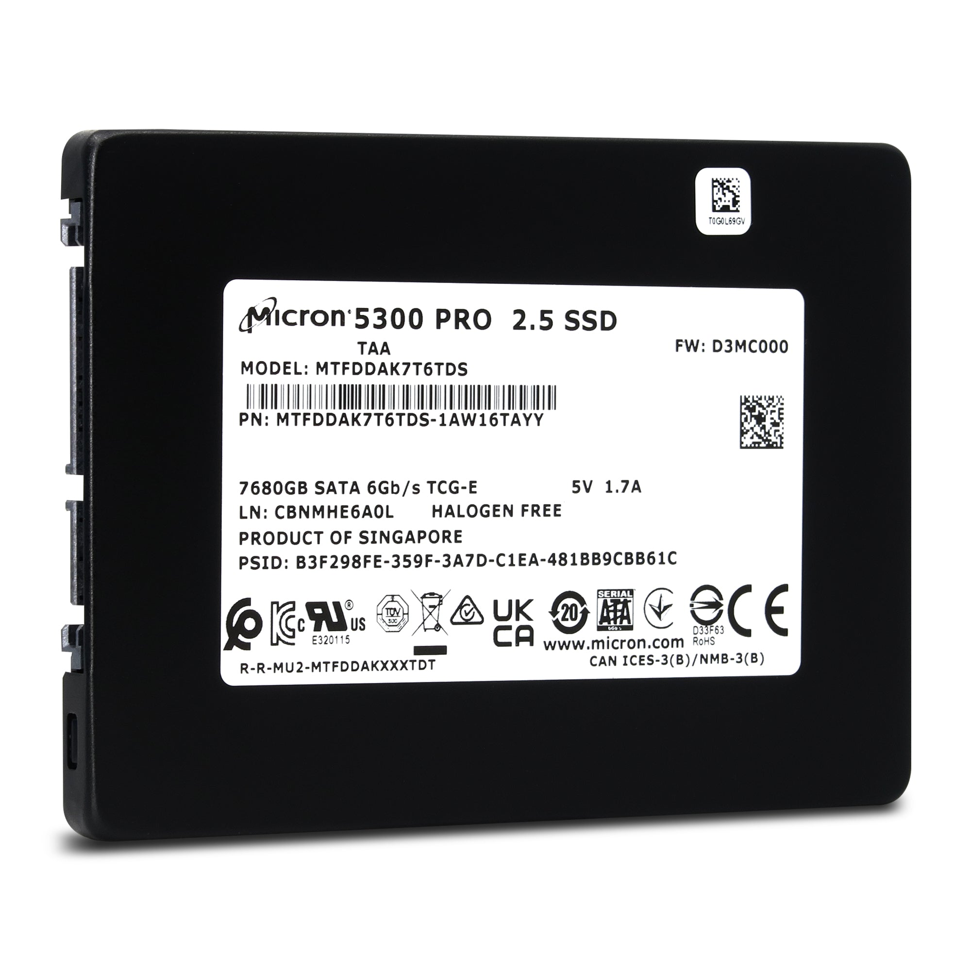 Micron 5300 PRO MTFDDAK7T6TDS 1AW16TAYY 7.68TB SATA 6Gb/s 3D TLC TCG SED 2.5in Solid State Drive - Front View