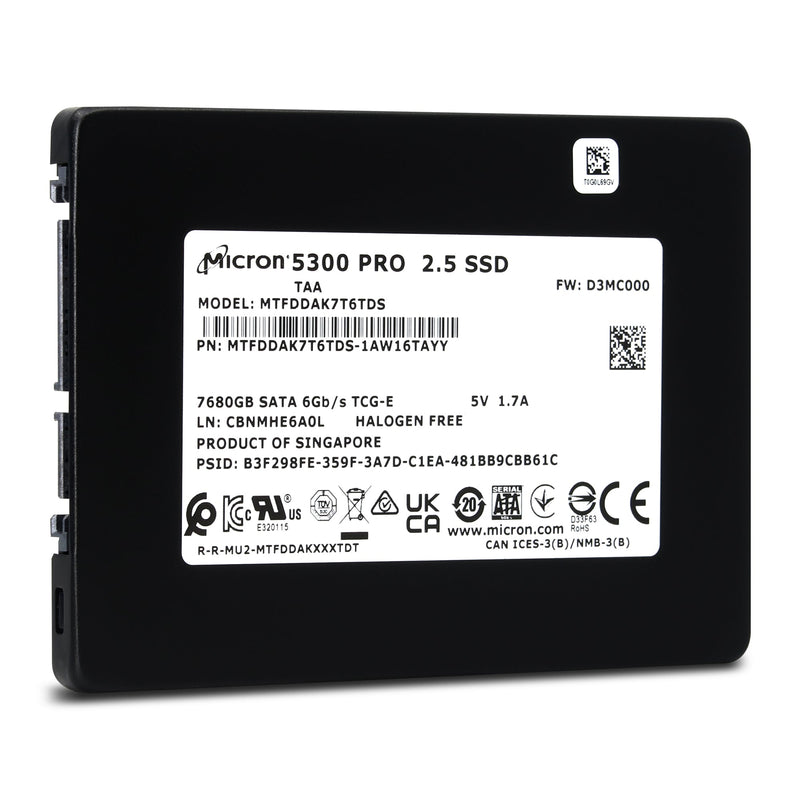 Micron 5300 PRO MTFDDAK7T6TDS 1AW16TAYY 7.68TB SATA 6Gb/s 3D TLC TCG SED 2.5in Solid State Drive - Front View