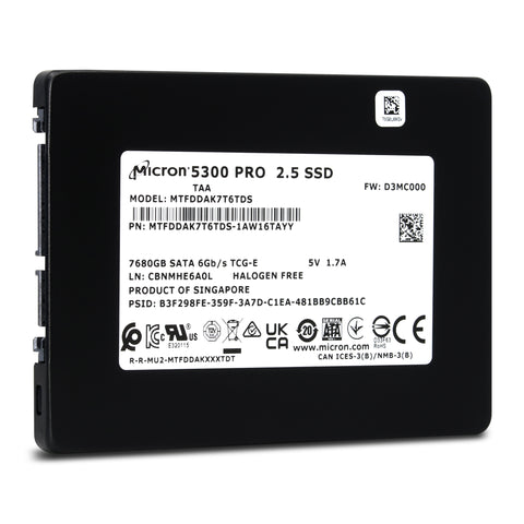 Micron 5300 PRO MTFDDAK7T6TDS 1AW16TAYY 7.68TB SATA 6Gb/s 3D TLC TCG SED 2.5in Solid State Drive