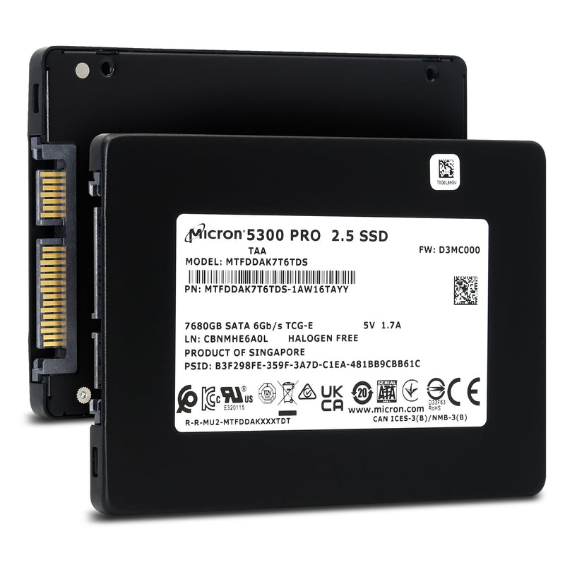Micron 5300 PRO MTFDDAK7T6TDS 1AW16TAYY 7.68TB SATA 6Gb/s 3D TLC TCG SED 2.5in Solid State Drive
