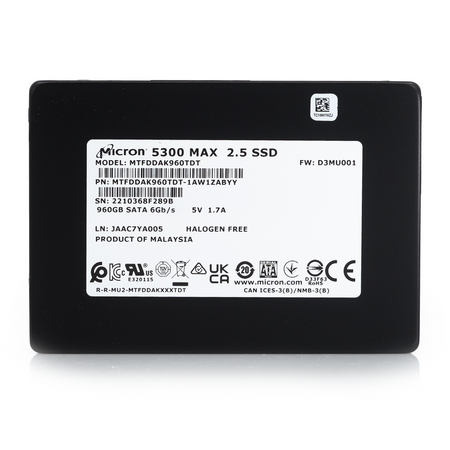 Micron 5300 MAX MTFDDAK960TDT 1AW1ZABYY 960GB SATA 6Gb/s 3D TLC 5DWPD 2.5in Solid State Drive - Front View