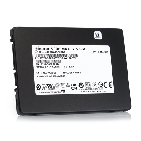Micron 5300 MAX MTFDDAK960TDT 1AW1ZABYY 960GB SATA 6Gb/s 3D TLC 5DWPD 2.5in Solid State Drive - Front Angle View
