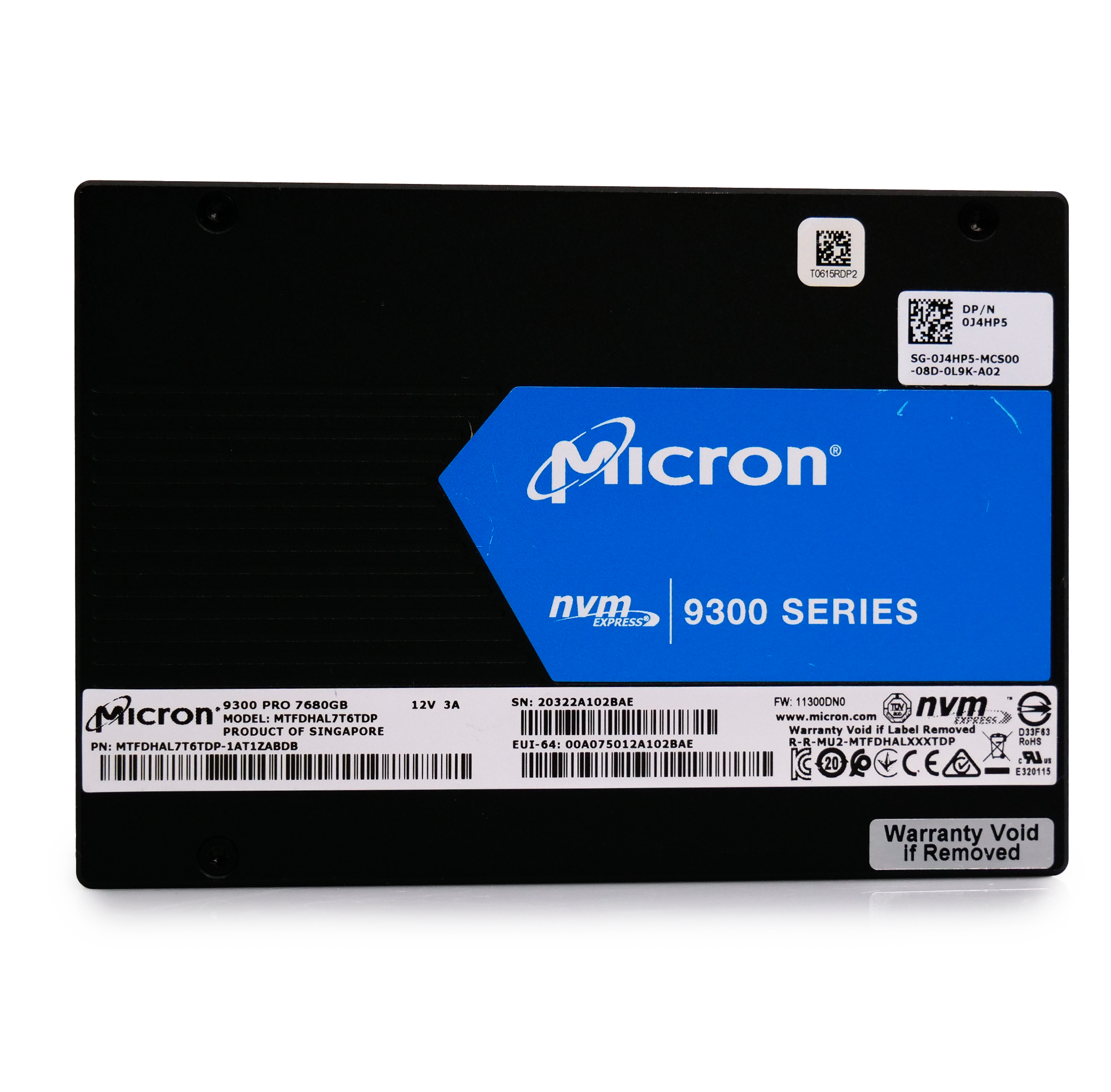 Micron 9300 Series MTFDHAL7T6TDP 0J4HP5 7.68TB 1 DWPD PCIe Gen 3.0 x4 4GB/s 3D TLC U.2 NVMe 2.5in Solid State Drive