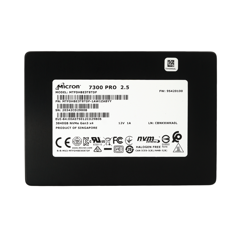 Micron 7300 Pro MTFDHBE3T8TDF-1AW1ZABYY 3.84TB PCIe Gen 3.0 x4 4GB/s 3D TLC U.2 2.5in Solid State Drive - Front View