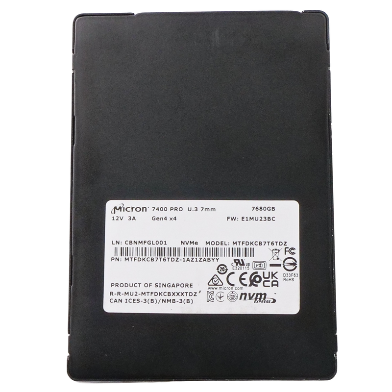 Micron 7400 PRO MTFDKCB7T6TDZ 7.68TB 1 DWPD PCIe Gen 4.0 x4 8GB/s 3D TLC U.3 NVMe 2.5in SSD