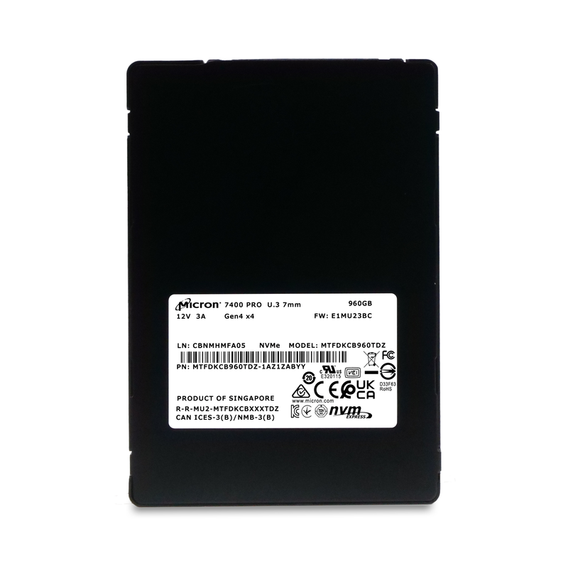 Micron 7400 PRO MTFDKCB960TDZ 960GB 1 DWPD PCIe Gen 4.0 x4 8GB/s 3D TLC U.3 NVMe 2.5in Refurbished SSD