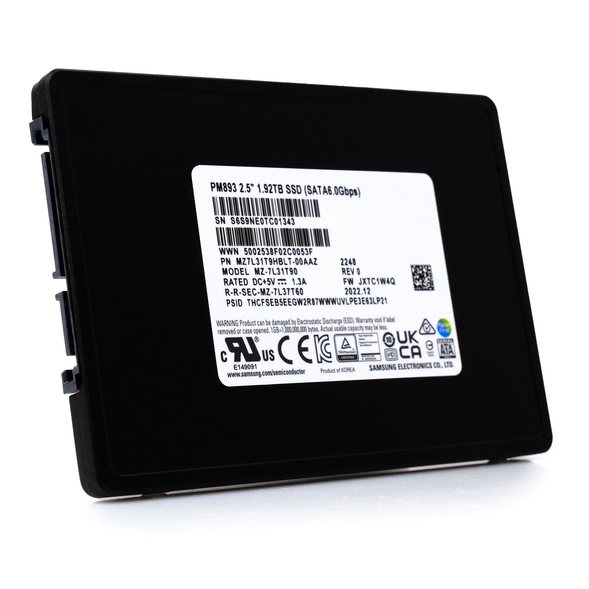 Samsung PM893 MZ7L31T9HBLT 7L31T90 1.92TB SATA 6Gb/s 3.5in Solid State Drive front angle