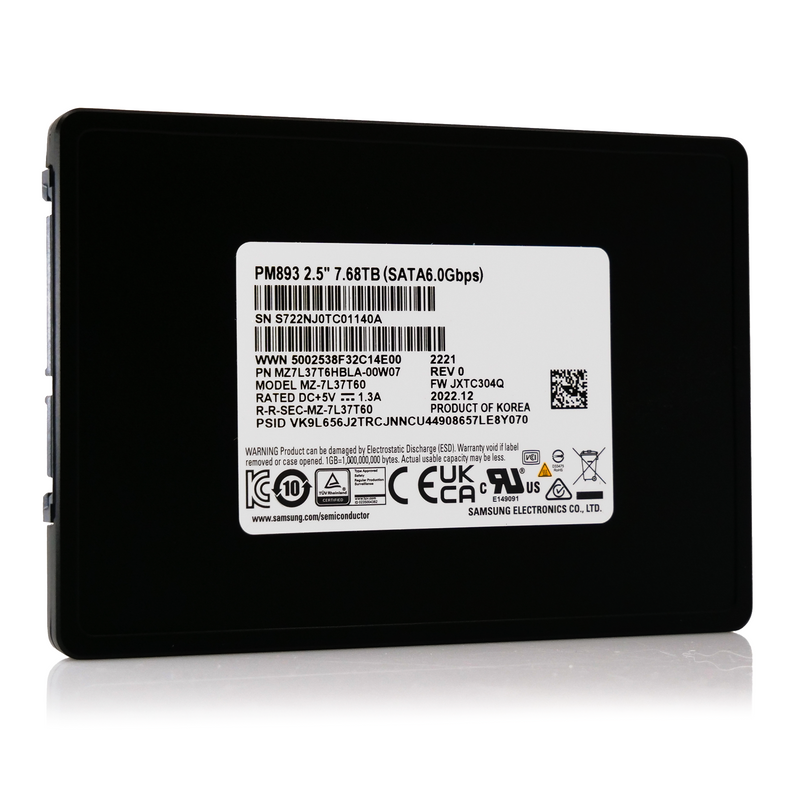 Samsung PM893 7.68TB SATA 6Gb/s 2.5in Enterprise Solid State Drive MZ-7L37T60 MZ7L37T6HBLA-00A07 front angle