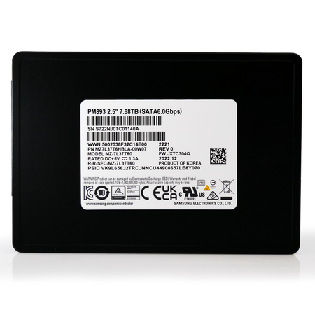 Samsung PM893 7.68TB SATA 6Gb/s 2.5in Enterprise Solid State Drive MZ-7L37T60 MZ7L37T6HBLA-00A07 flat