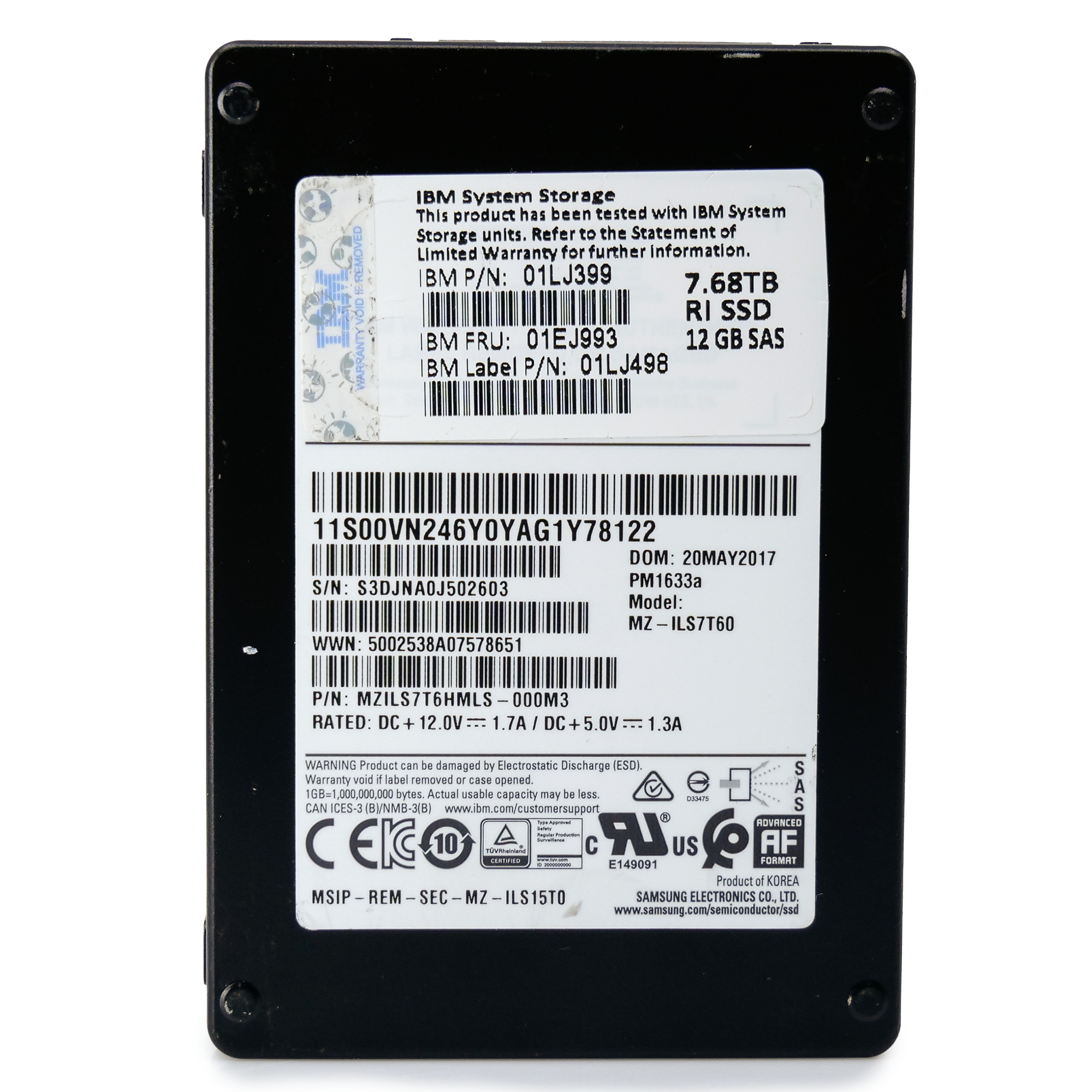 Samsung/IBM PM1633a MZILS7T6HMLS 7.68TB 1 DWPD SAS 12Gb/s 2.5in Refurbished Enterprise SSD