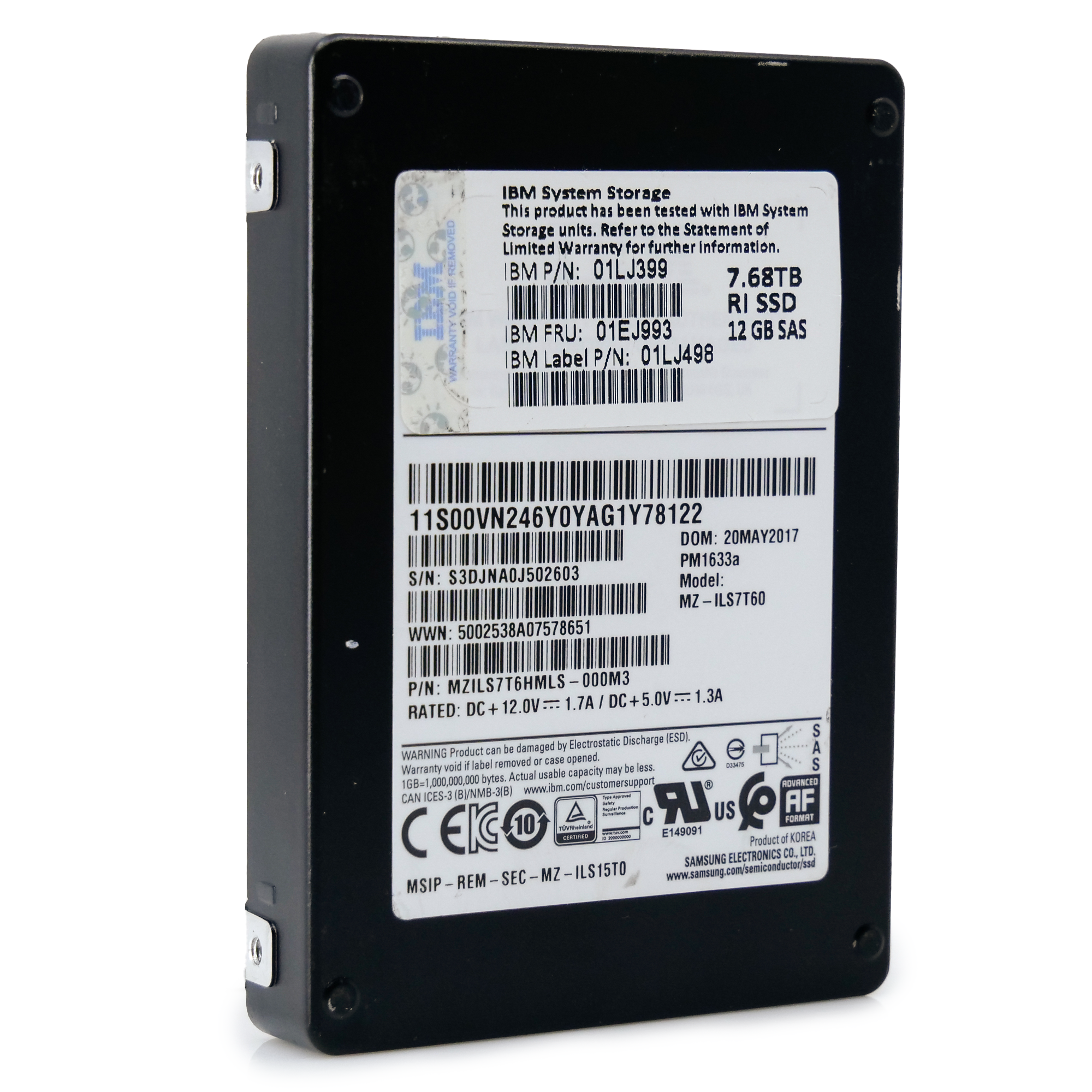 Samsung/IBM PM1633a MZILS7T6HMLS 7.68TB 1 DWPD SAS 12Gb/s 2.5in Refurbished Enterprise SSD