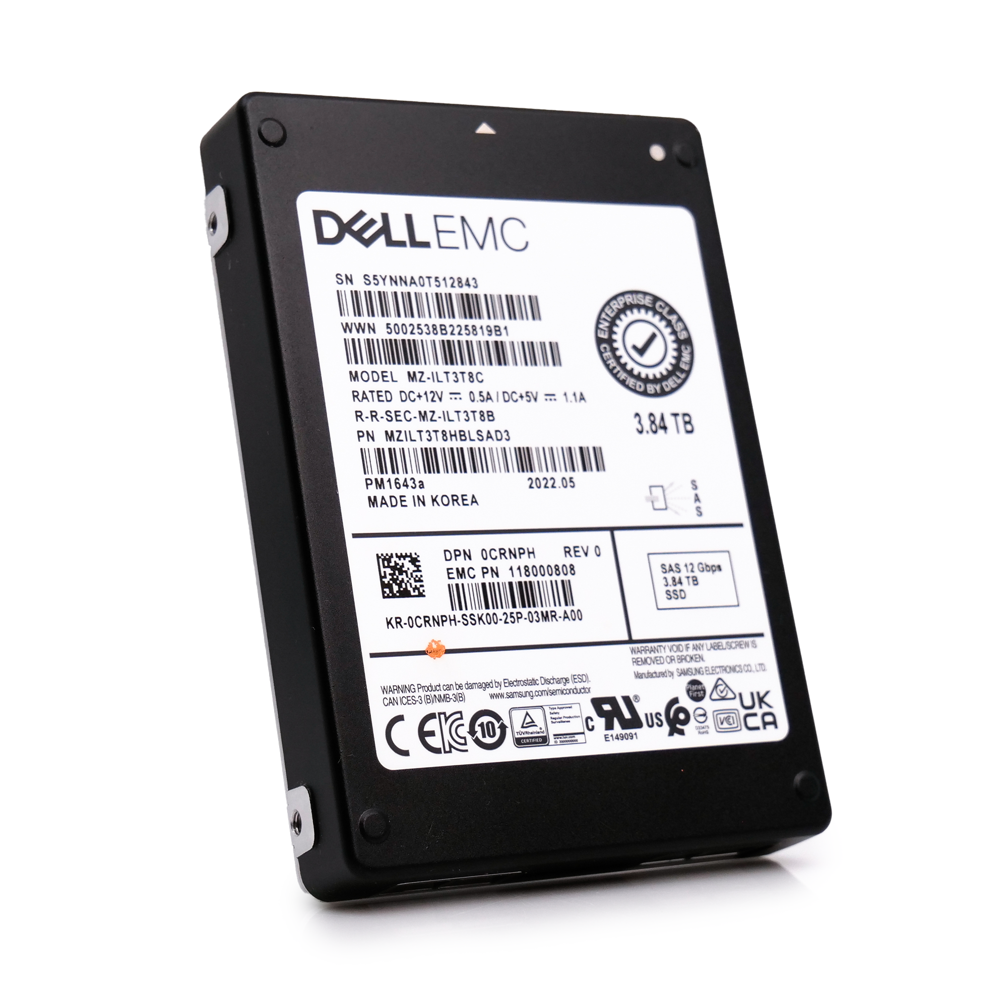 Dell/Samsung PM1643a MZILT3T8HBLSAD3 0CRNPH 3.84TB 1 DWPD SAS 12Gb/s 512e 2.5in Solid State Drive