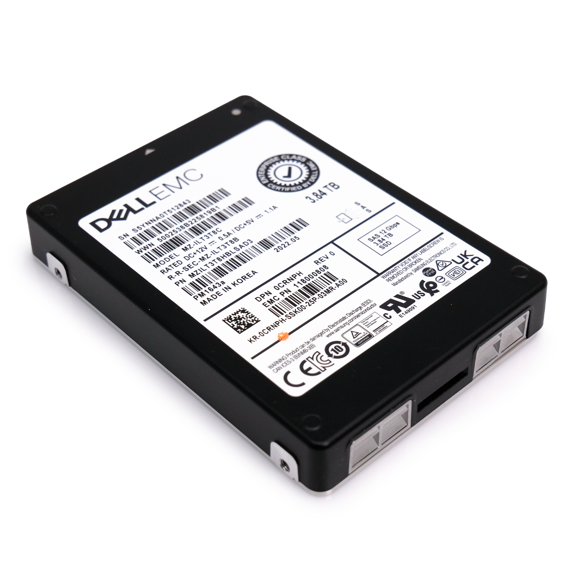 Dell/Samsung PM1643a MZILT3T8HBLSAD3 0CRNPH 3.84TB 1 DWPD SAS 12Gb/s 512e 2.5in Enterprise Solid State Drive