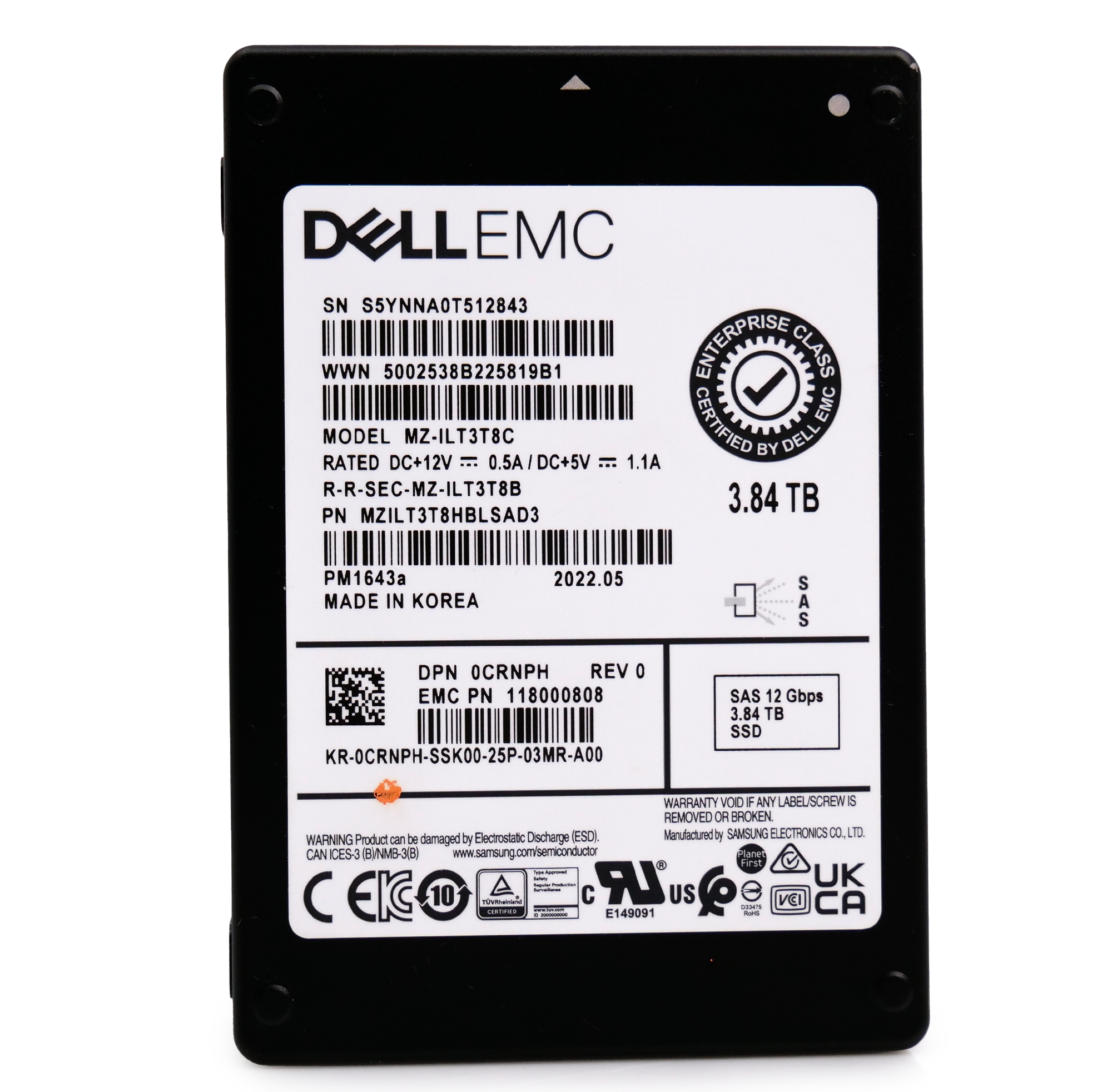 Dell/Samsung PM1643a MZILT3T8HBLSAD3 0CRNPH 3.84TB 1 DWPD SAS 12Gb/s 512e 2.5in Enterprise Solid State Drive