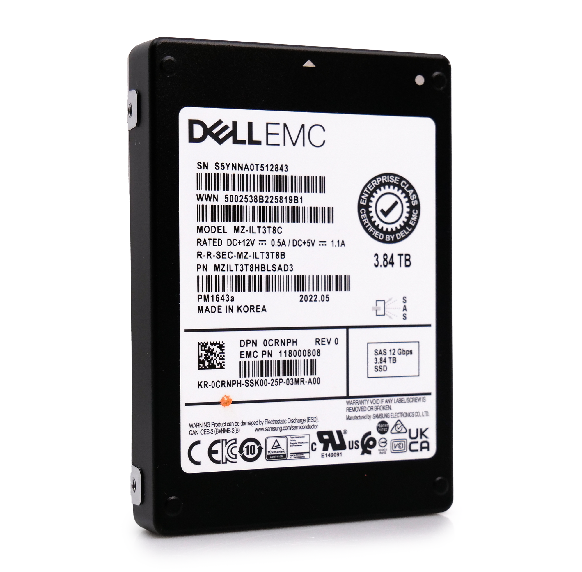 Dell/Samsung PM1643a MZILT3T8HBLSAD3 0CRNPH 3.84TB 1 DWPD SAS 12Gb/s 512e 2.5in Enterprise Solid State Drive