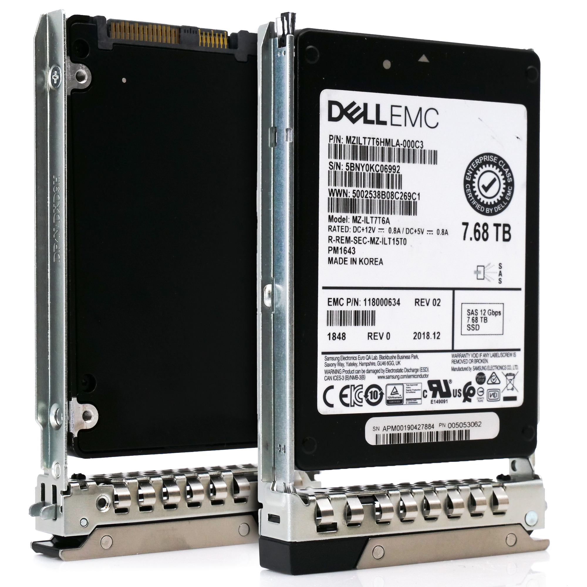 Dell EMC 118000634 G14 7.68TB SAS 12Gb/s 512e 1DWPD 2.5in Solid State Drive main image front and back g14 trays