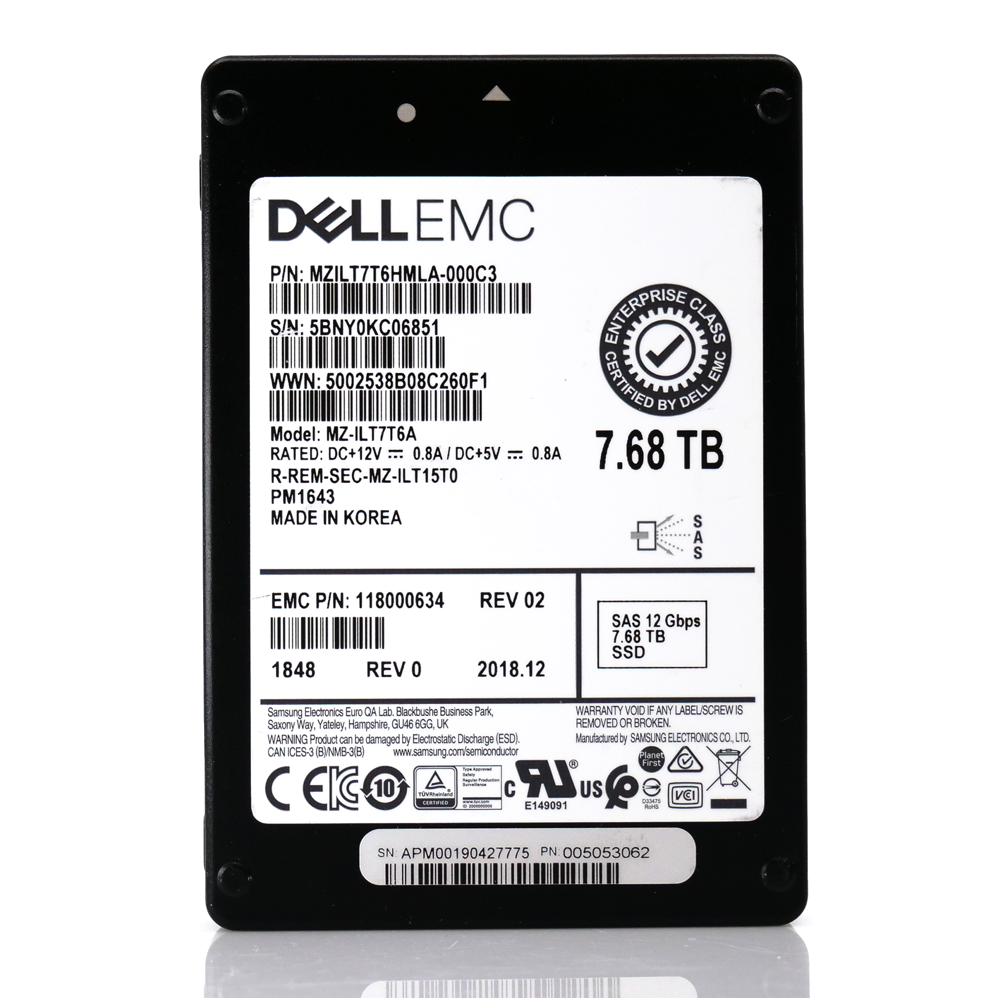 Samsung / Dell PM1643 MZILT7T6HMLA MZ-IL7T76A 7.68TB SAS 12Gb/s 512e 1DWPD 2.5in Refurbished SSD front