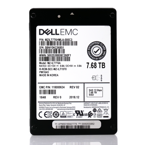 Samsung / Dell PM1643 MZILT7T6HMLA MZ-IL7T76A 7.68TB SAS 12Gb/s 512e 1DWPD 2.5in Refurbished SSD main front and back