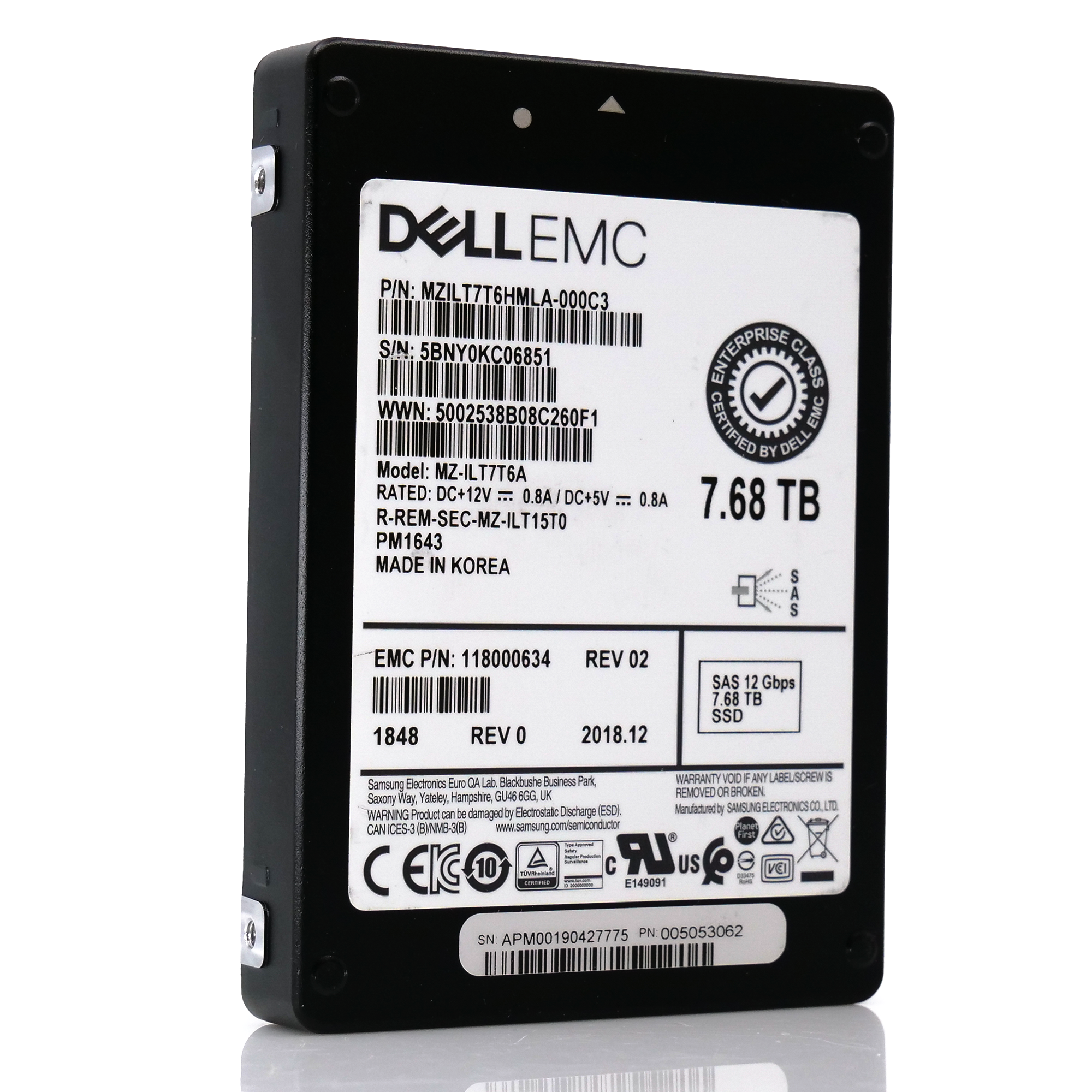 Samsung / Dell PM1643 MZILT7T6HMLA MZ-IL7T76A 7.68TB SAS 12Gb/s 512e 1DWPD 2.5in Refurbished SSD front angle