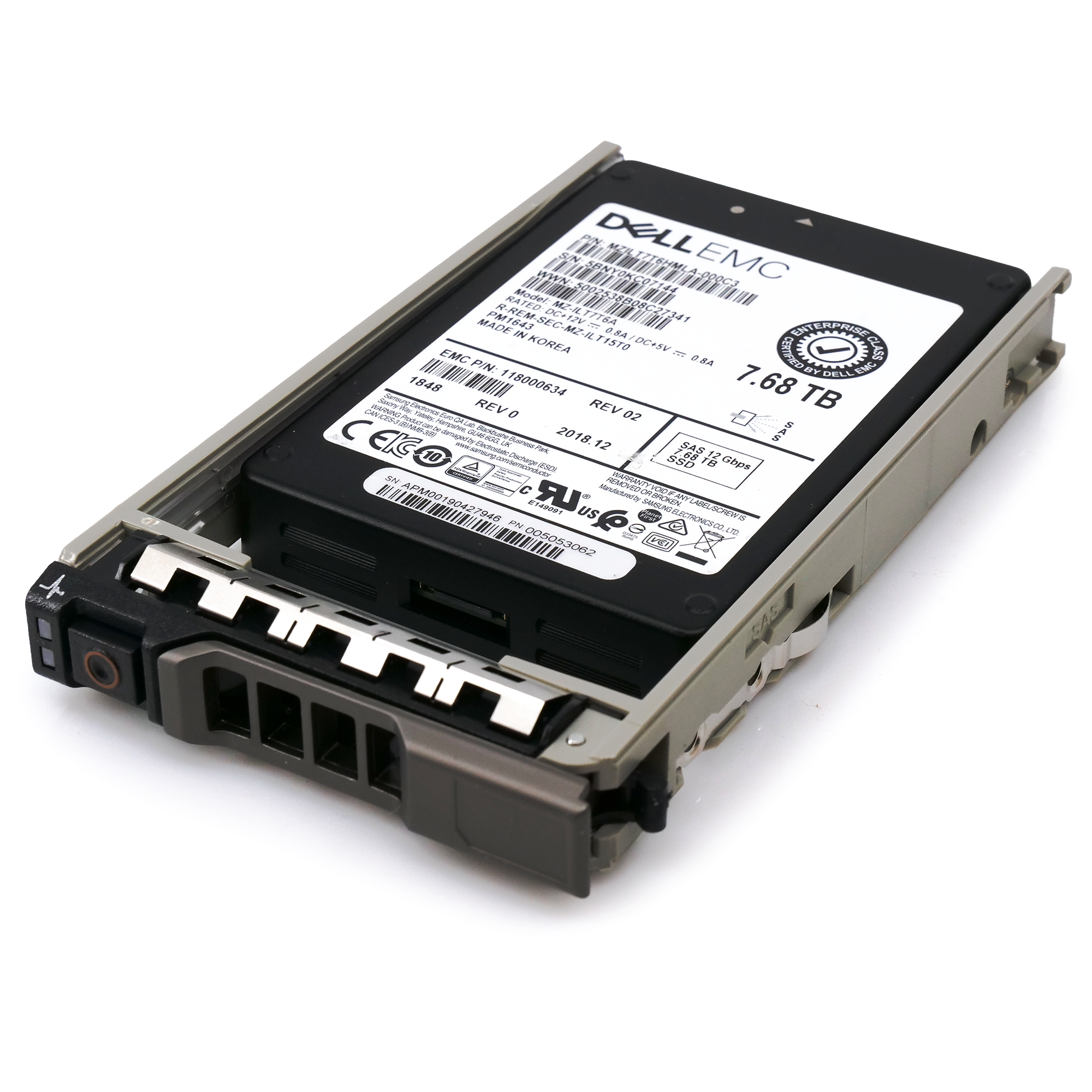 Dell EMC 118000634 G13 7.68TB SAS 12Gb/s 512e 1DWPD 2.5in Solid State Drive front flat angle