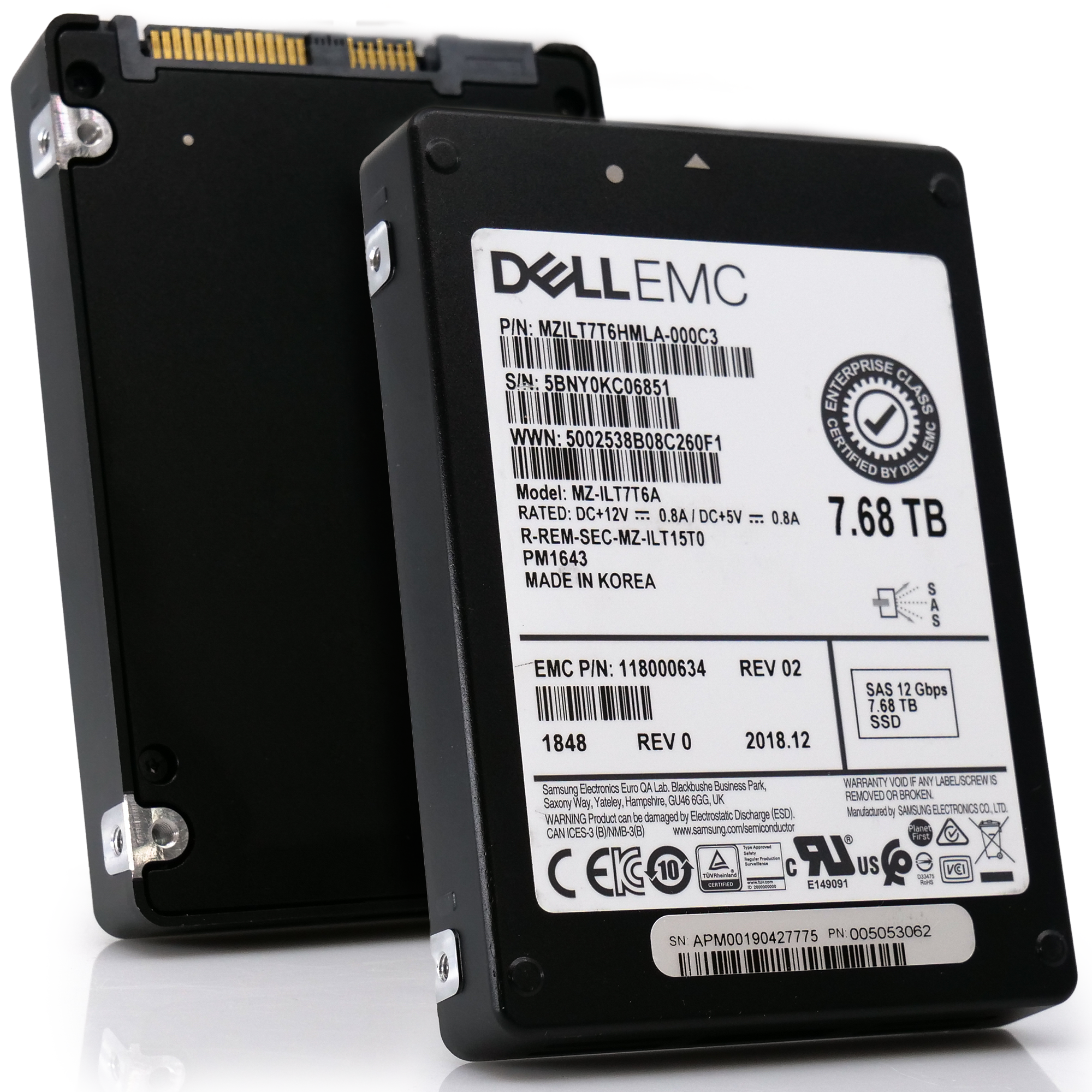 Samsung / Dell PM1643 MZILT7T6HMLA MZ-IL7T76A 7.68TB SAS 12Gb/s 512e 1DWPD 2.5in Refurbished SSD main front and back