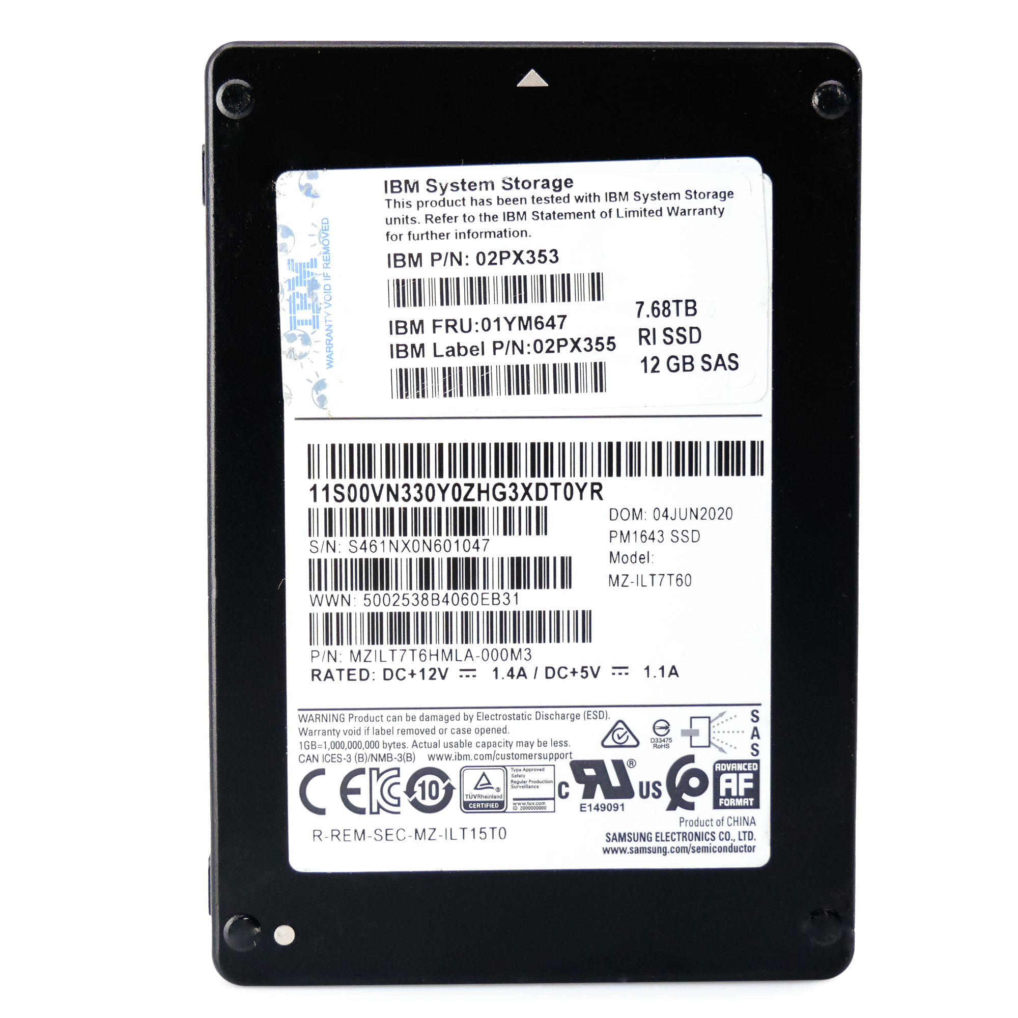 Samsung/IBM PM1643 MZILT7T6HMLA 7.68TB 1 DWPD SAS 12Gb/s 2.5in Refurbished SSD