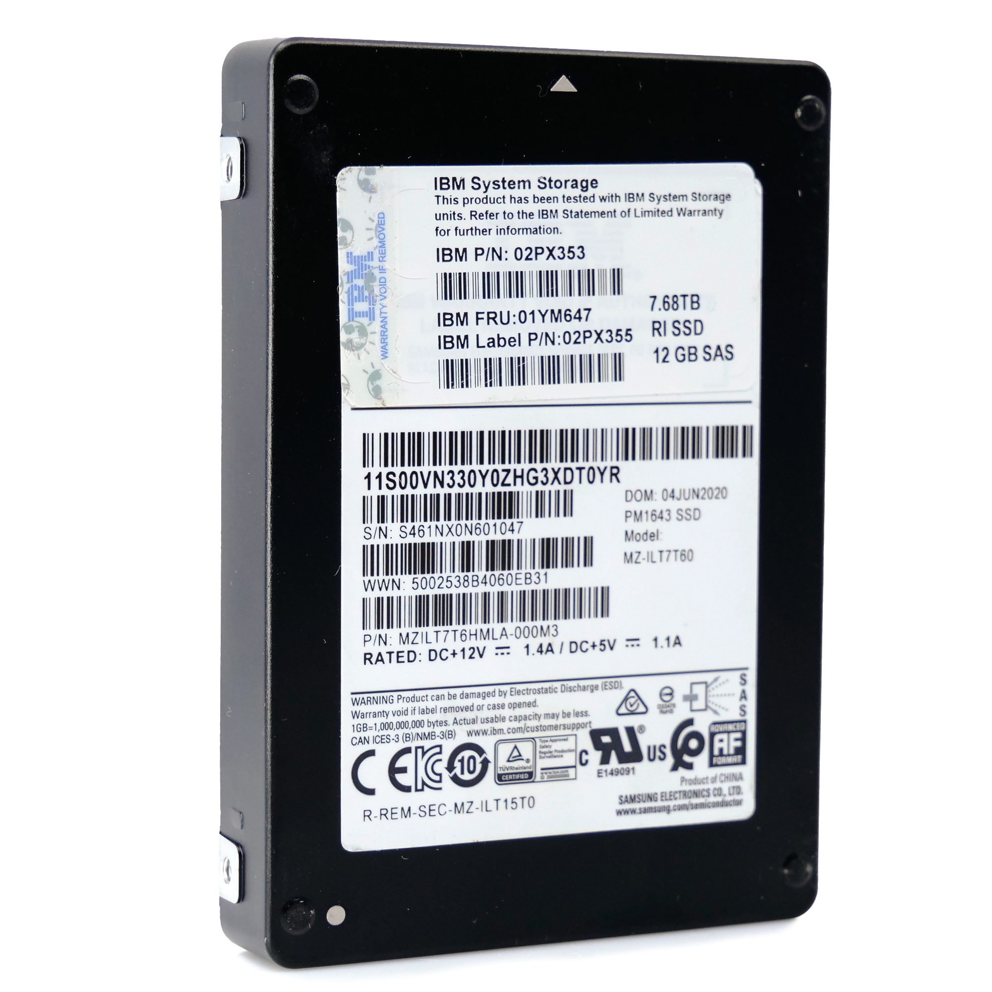 Samsung/IBM PM1643 MZILT7T6HMLA 7.68TB 1 DWPD SAS 12Gb/s 2.5in Refurbished SSD