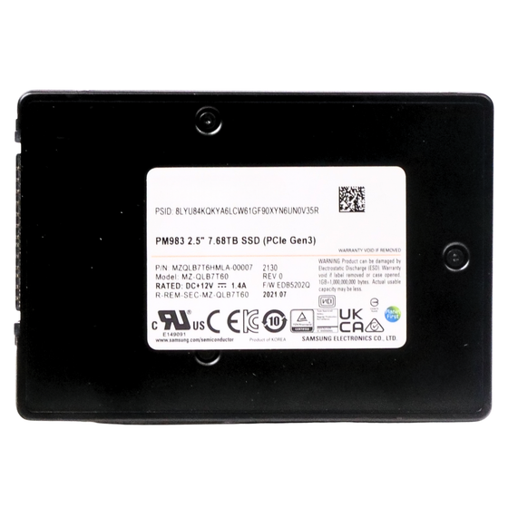 Samsung PM983 MZQLB7T6HMLA 7.68TB 1 DWPD PCIe Gen 3.0 x4 4GB/s U.2 NVMe 2.5in Recertified SSD
