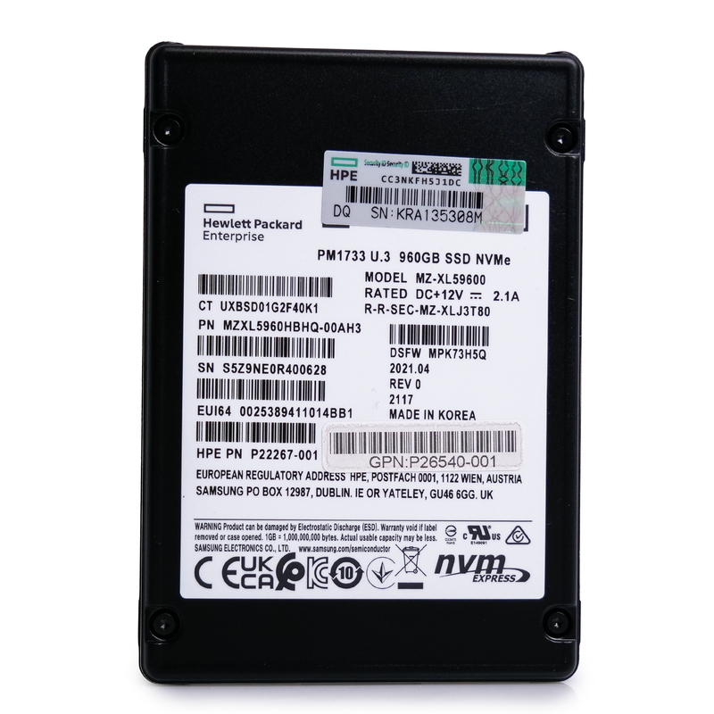 Samsung/HP PM1733 MZXL5960HBHQ 960GB 1 DWPD U.3 NVMe PCIe Gen 4.0 2.5in Enterprise Solid State Drive