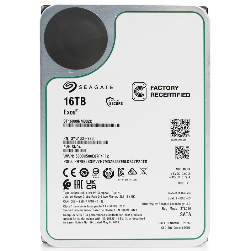 Seagate Exos X16 ST16000NM002C 16TB 7.2K RPM SATA 6Gb/s 512e 3.5in Recertified Hard Drive