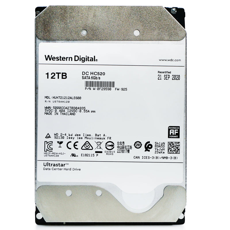 Western Digital Ultrastar DC HC520 HUH721212ALE600 0F29590 12TB 7.2K RPM SATA 6Gb/s 512e 256MB 3.5" ISE Power Disable Pin Refurbished HDD