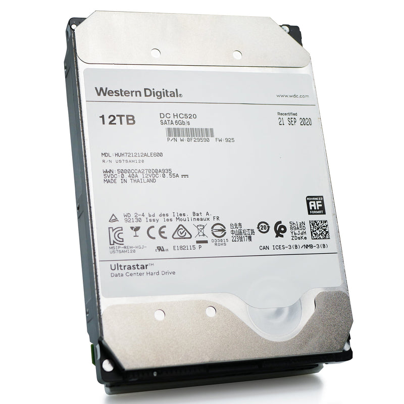 Western Digital Ultrastar DC HC520 HUH721212ALE600 0F29590 12TB 7.2K RPM SATA 6Gb/s 512e 256MB 3.5" ISE Power Disable Pin Refurbished HDD