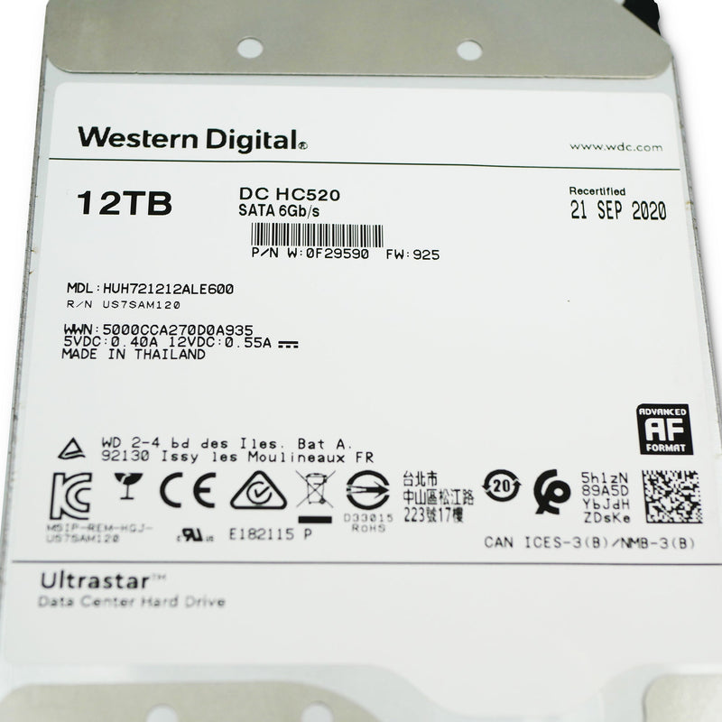 Western Digital Ultrastar DC HC520 HUH721212ALE600 0F29590 12TB 7.2K RPM SATA 6Gb/s 512e 256MB 3.5" ISE Power Disable Pin Refurbished HDD