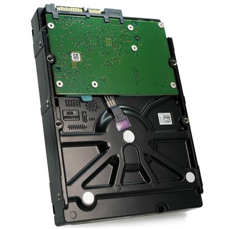 Seagate Exos 7E8 4TB SATA hard drive, underside circuit board, drive slightly rotated