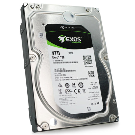 Seagate Exos 7E8 4TB SATA hard drive, front label, drive slightly rotated