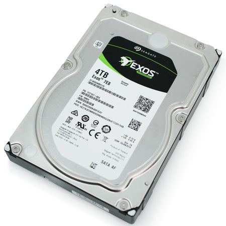 Seagate Exos 7E8 4TB SATA hard drive, front label, drive tilted