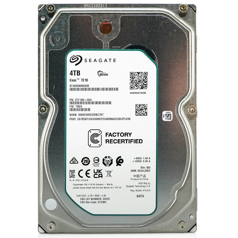 Seagate Exos 7E10 ST4000NM000B 4TB 7.2K RPM SATA 6Gb/s 512n 3.5in Recertified Hard Drive