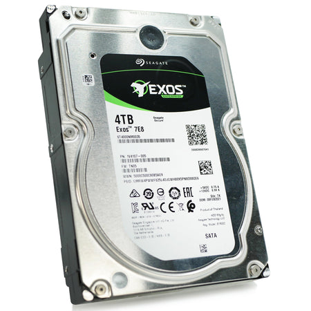 Seagate Exos 7E8 4TB SATA hard drive, front label, drive slightly rotated