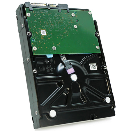 Seagate Exos 7E8 4TB SATA hard drive, underside circuit board, drive slightly rotated