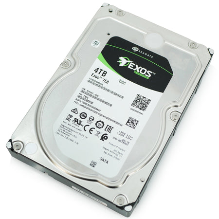 Seagate Exos 7E8 4TB SATA hard drive, front label, drive tilted