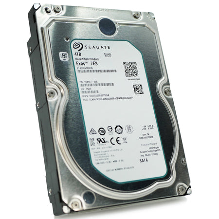 Seagate Exos 7E8 4TB SATA hard drive, front label, drive slightly rotated