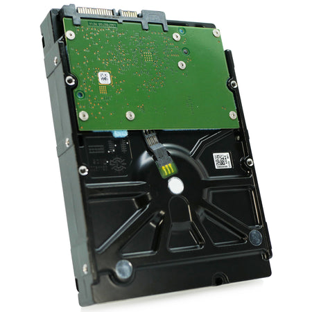 Seagate Exos 7E8 4TB SATA hard drive, underside circuit board, drive slightly rotated