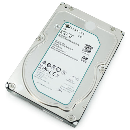 Seagate Exos 7E8 4TB SATA hard drive, front label, drive tilted