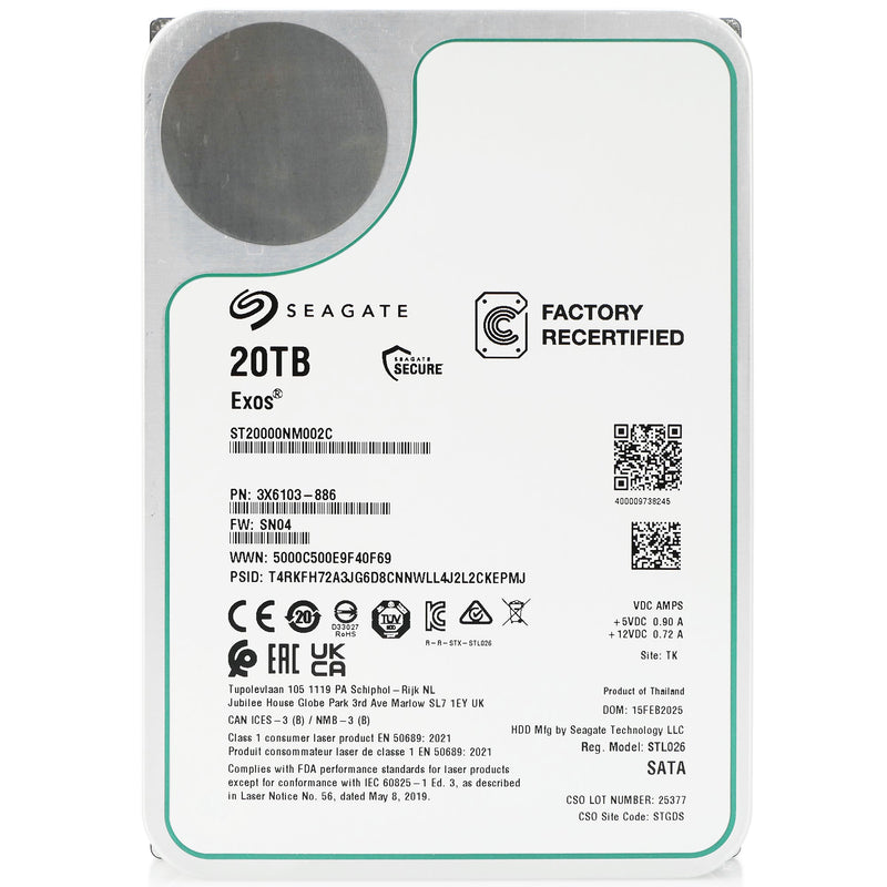 Seagate Exos ST20000NM002C 20TB 7.2K RPM SATA 6Gb/s 512e 3.5in Recertified Hard Drive